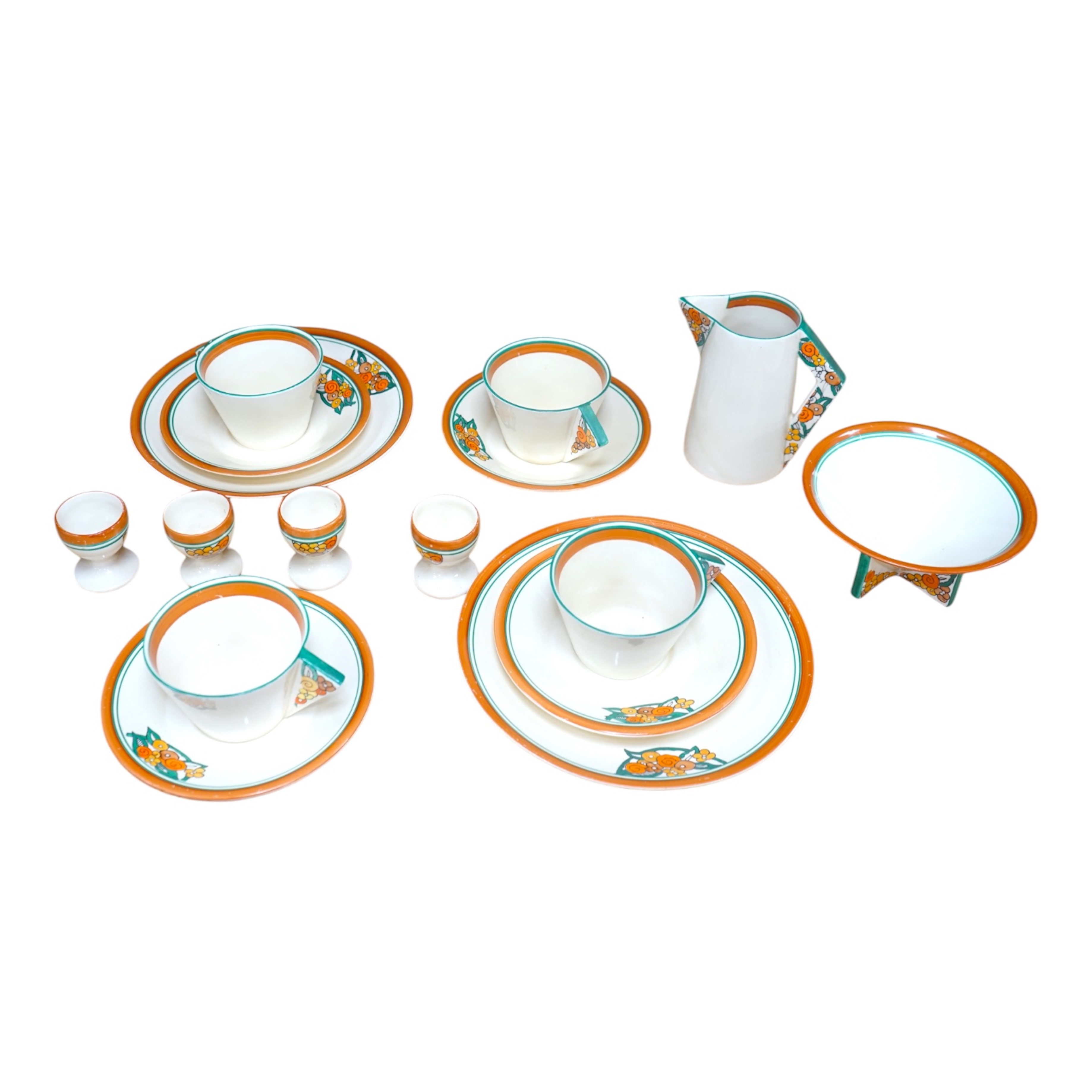 A Clarice Cliff part teaset, 1930's. Condition - fair to good